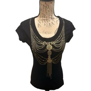 Guess Black Tee with Gold Chain Print